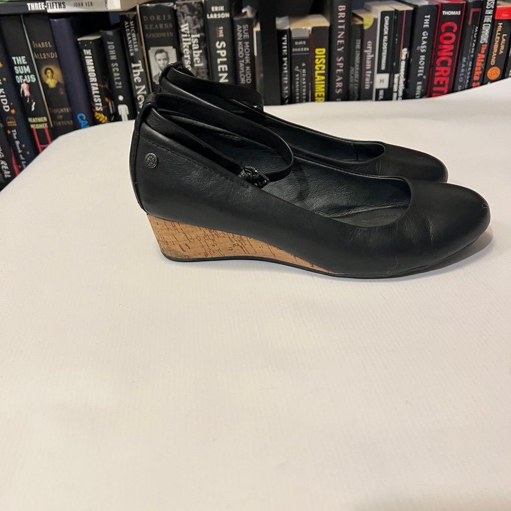 Bussola Ankle Strap Low Wedge, Cork Heel Shoes | Black Leather | 36 (6)
